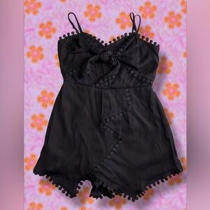 Black Pom-Pom Trim Spaghetti Strap Romper